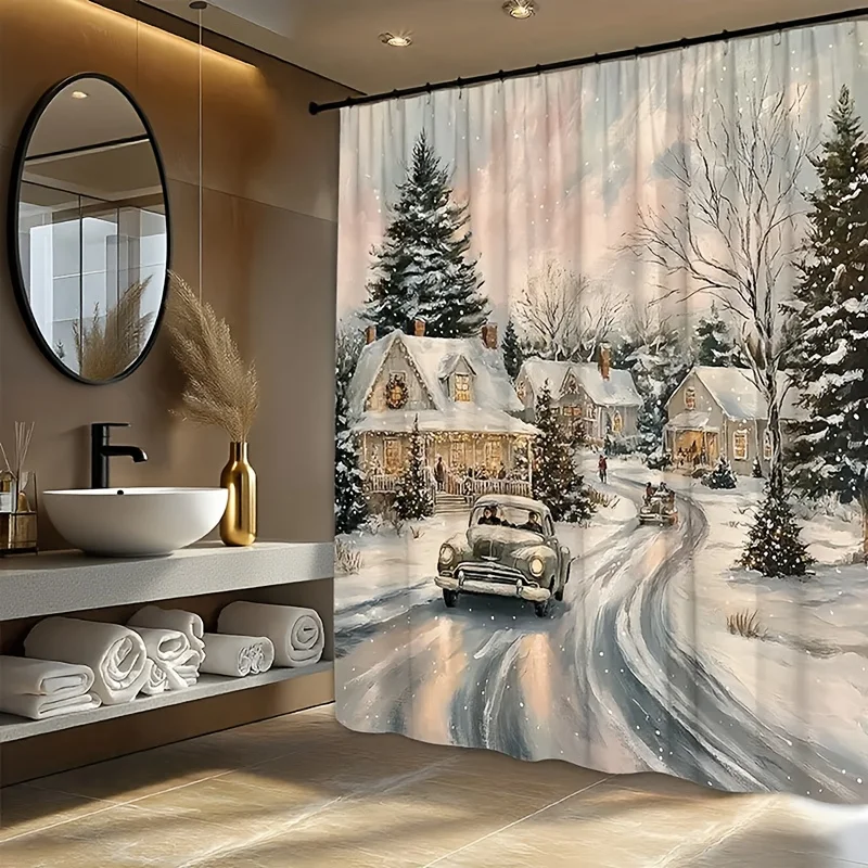 Cozy Winter Village Scene Shower Curtain Bathroom Decor Realistic Snowy Street House Shower Curtain