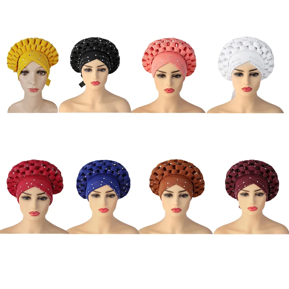 

African Caps with Stones Aso Oke Hijab Gele Headtie Already Made Turban Head Wrap Ladies Hat Auto Cap Headtie Aso Oke Gele Cap