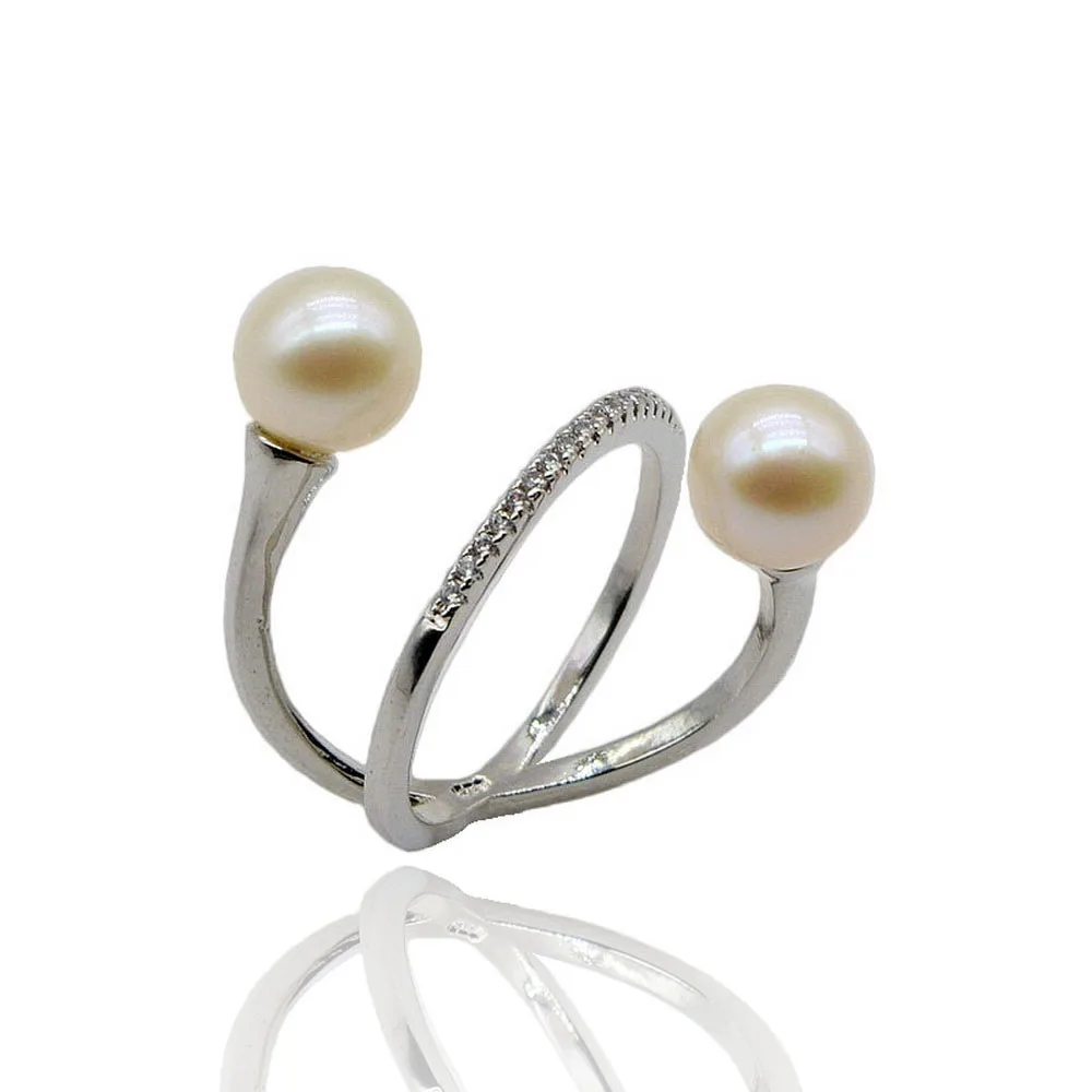 Pearl ring AAAA round natural freshwater pearl 925 silver cross double line silver ring 2023 trend index finger ladies ring