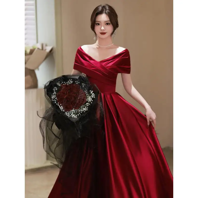 

Bridal Satin Toast Dress New Cross One Shoulder Banquet Temperament Engagement Certificate Hosting Evening Gown Customized