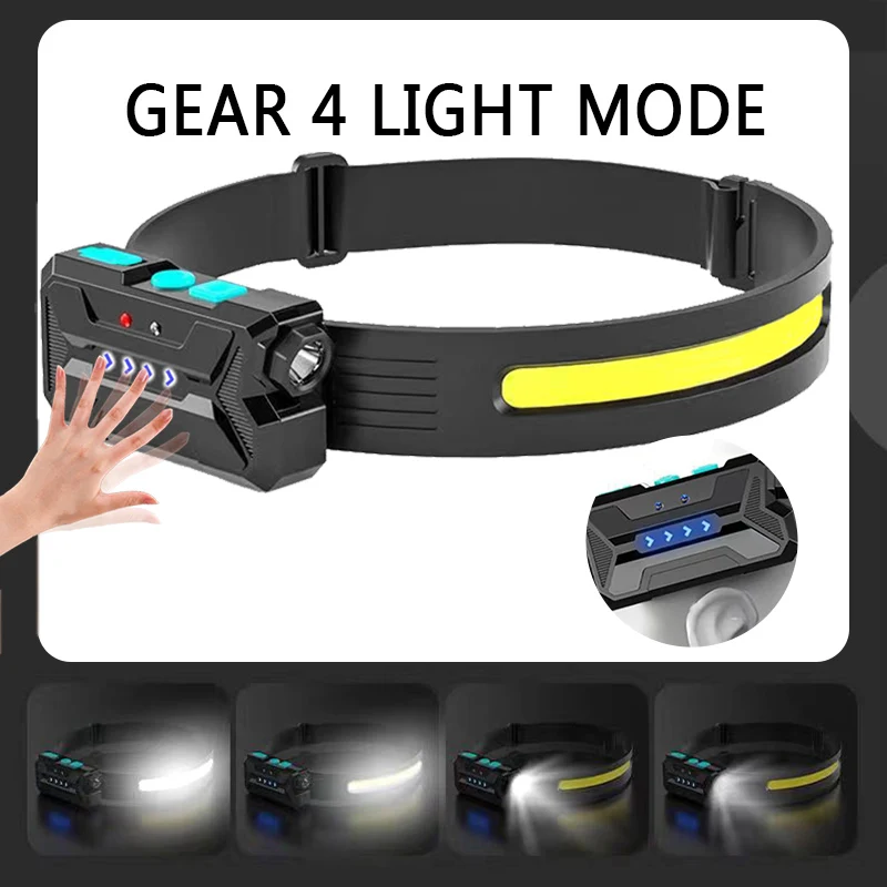 USB C Rechargeable LED Headlamp Motion Sensor Headlight Camping Flashlight HeadTorch Built-in 18650 Battery with Power Indicator