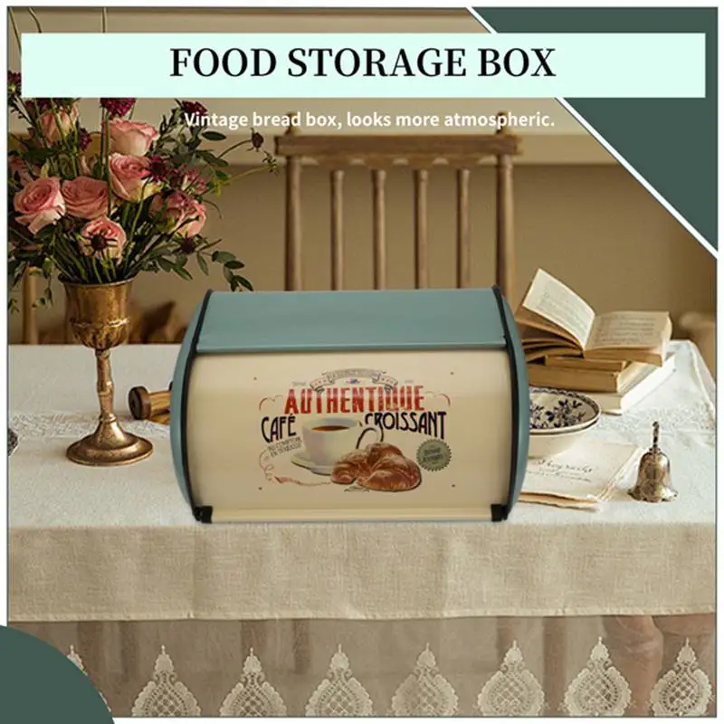 A57X-Vintage Bread Box Storage Bin Rollup Top Light Blue Small Powder Coated Bread Iron Snack Boxes Food Containerfor Kitchen Ho