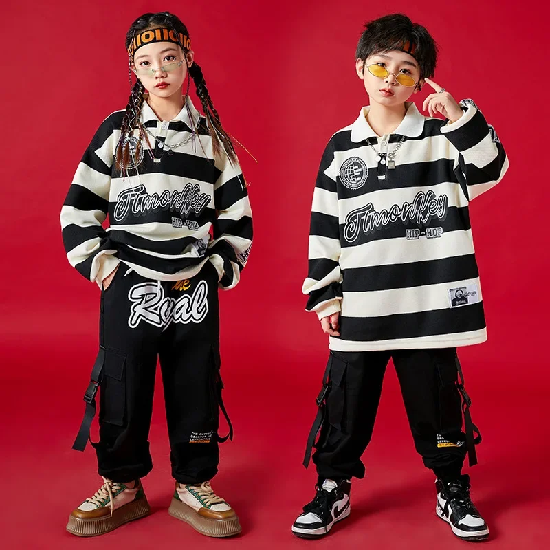 Kids Boys Girls Streetwear Hip Hop Loose Casual Fashion Stripe Tshirt Cargo Pants Children Tee Shirt Trousers Stage Clothing