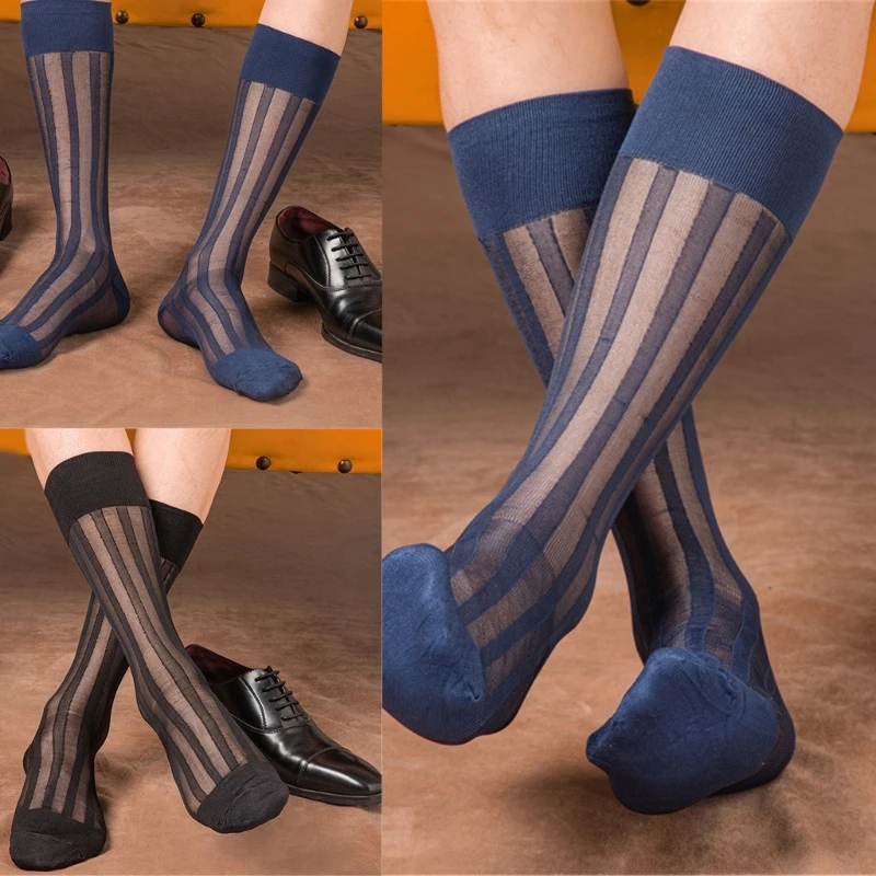 

Mens Casual Business Dress Socks Middle Calf Wide Striped Sheer Nylon Stockings Formal Suit See Through Silk Socks