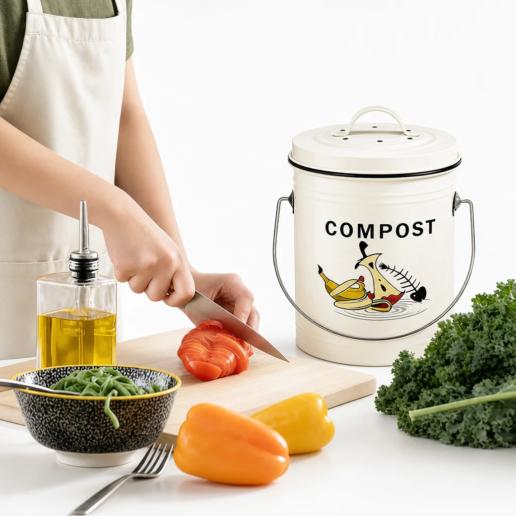 3.9L Indoor Kitchen Compost Bin Countertop Metal Compost Bucket with Lid Handle Food Waste Storage Container Home CompostingPail