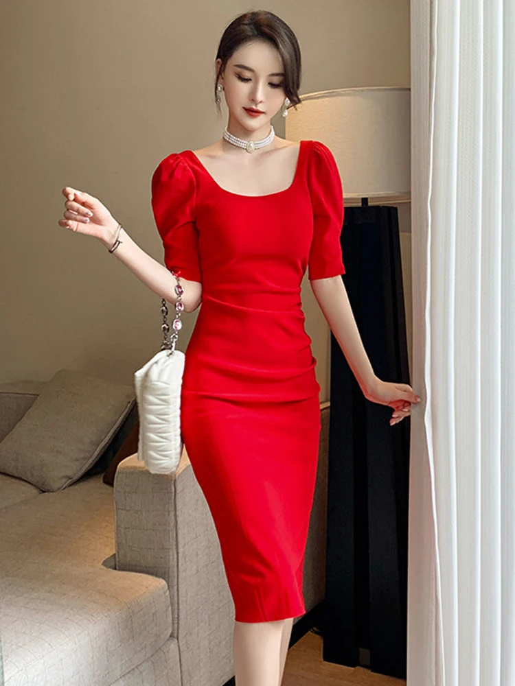 2023 Summer Elegant Simple Dress Woman Red Pink Short Sleeve Backless Folds Split Midi Robe Date Office Party Vestidos Holiday