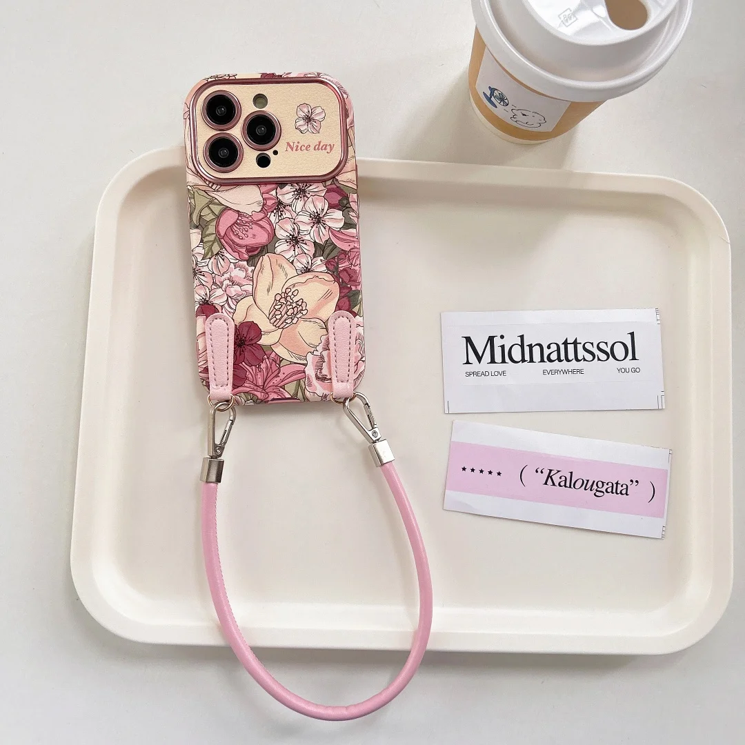 เคสโทรศัพท์ลายภาพวาดสีน้ำมันดอกไม้ สำหรับ iPhone 16 15 14 Pro Max ป้องกันเลนส์กล้อง เคสซิลิโคนนิ่มกันกระแทก พร้อมสายคล้อง ﻿
