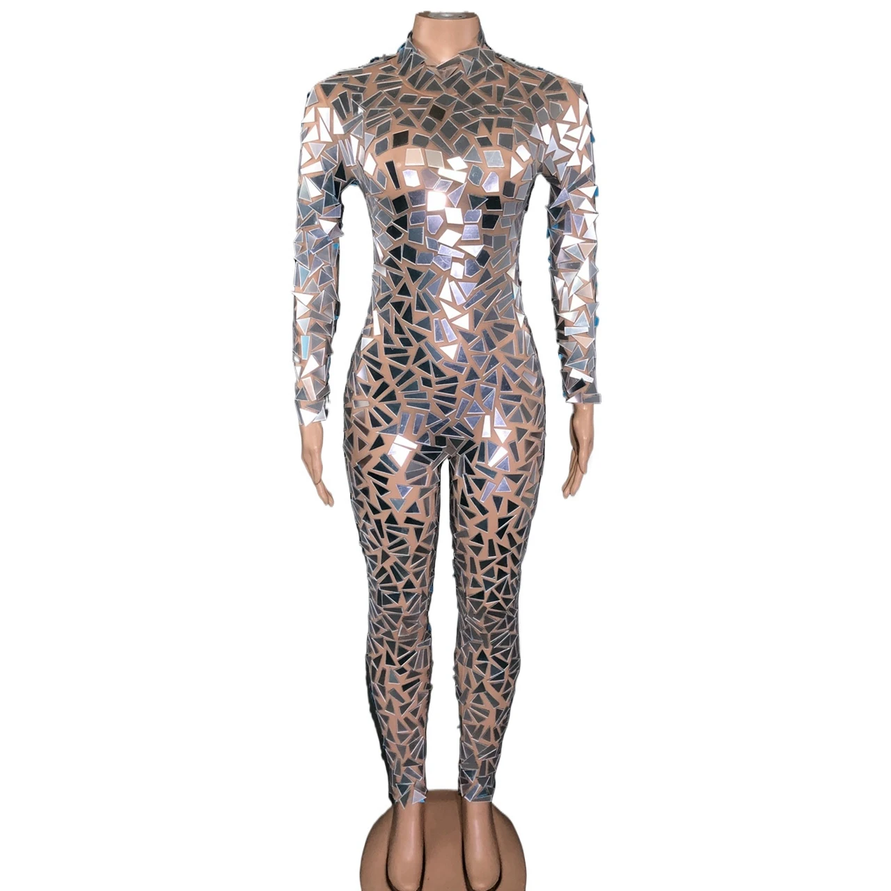 

Shining Mirrors Stage Bodysuit for Women Sexy Long Sleeve Mesh Jumpsuit Nightclub Outfit Singer Dancer Performance Costume