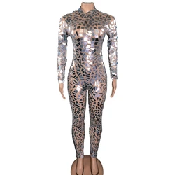 Shining Mirrors Stage Bodysuit for Women Sexy Long Sleeve Mesh Jumpsuit Nightclub Outfit Singer Dancer Performance Costume