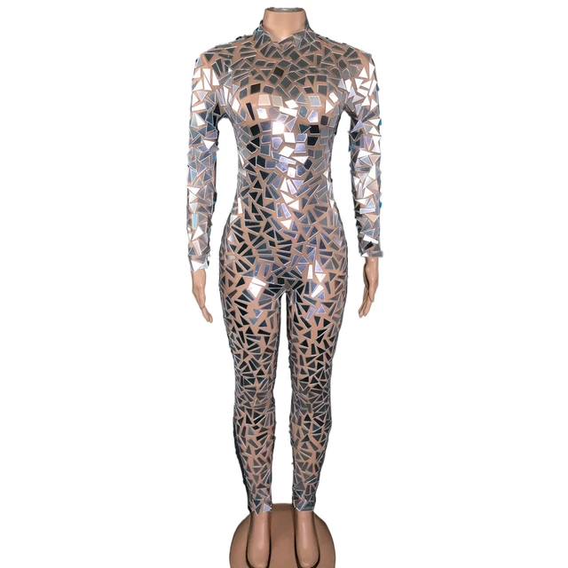 Shining Mirrors Stage Bodysuit dla kobiet Seksowny kombinezon z siatki z długim rękawem Strój do klubu nocnego Kostium dla tancerki