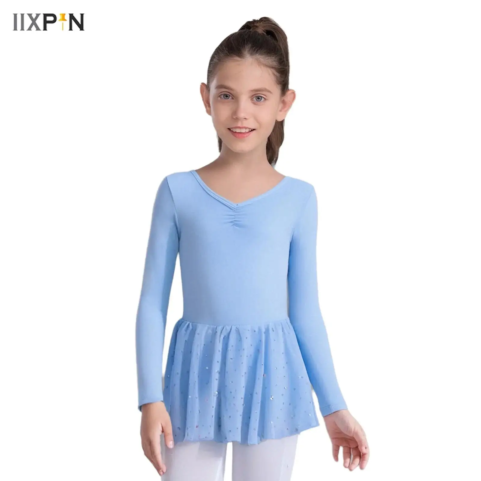 

Kids Girls Ballet Dance Dresses Front Ruched Long Sleeve Back Bowknot Sequins Dress for Ballet Warm-Up Practice Performance