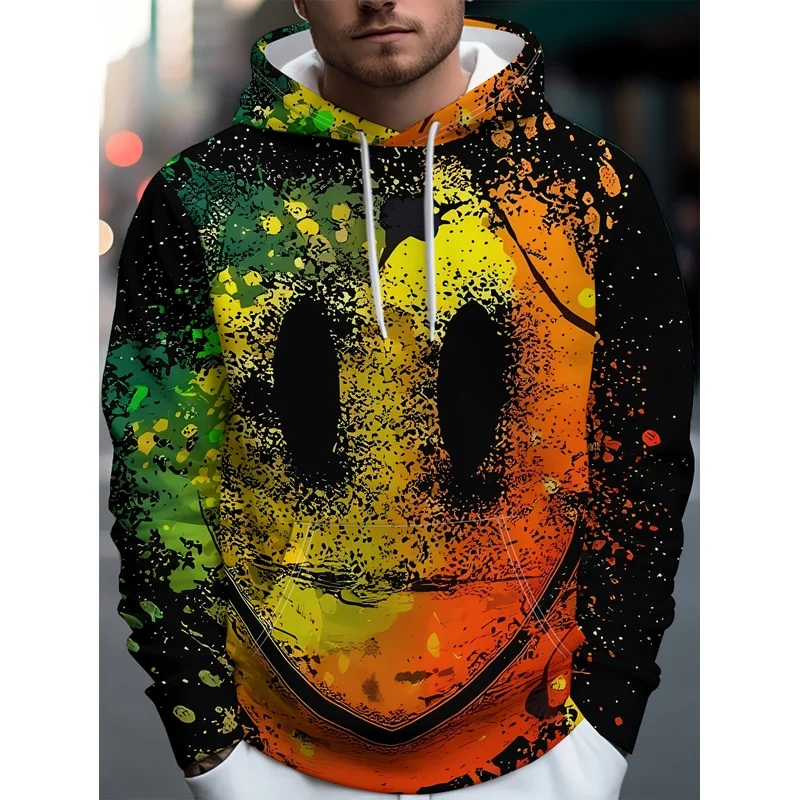 New Men's Colorful Smiley Hoodie Pullover Black Base Regular Fit Machine Washable Street Daily Casual Men's Top
