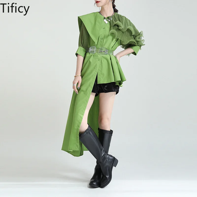 

TIFICY 2024 Summer Feeling Small and Small Irregular Splicing Folded Bubble Sleeve Shirt Women's Lotus Leaf Waist shirts tops