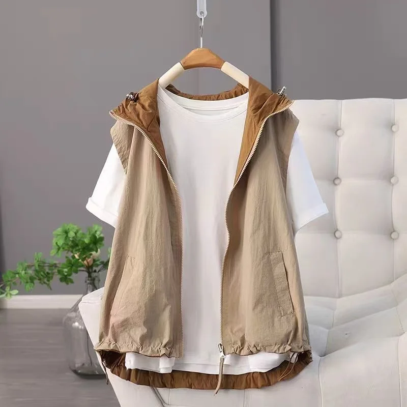 

2026 Fashion Contrast Vest Coat Women Double-sided Penetrate Hooded Vest Female Spring Summer Sleeveless Waistcoat Female Tops