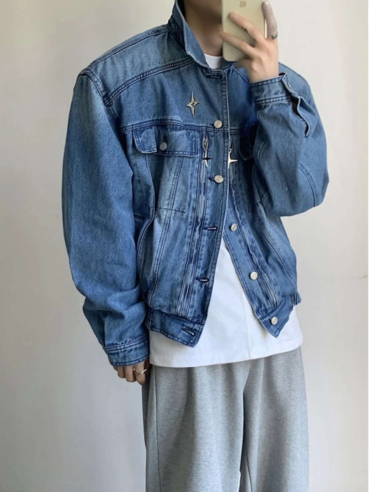 

2024 New Men's Metal Pad oulder Denim Jaet ort Sle Cleanfit Spring Summer Casual Outerwear Polyester Fiber Long Sve