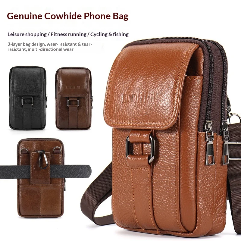 Bolsa de Cintura para Teléfono de Cuero Genuino para Hombre - Riñonera, Funda con Clip para Cinturón, Bolsa para Teléfono, Mochila para Teléfono - Estilo Versátil