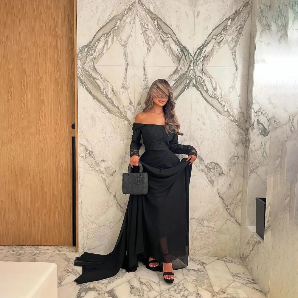 

Черное вечернее платье для женщин 2025 года, кружевное платье с открытыми плечами и длинными рукавами, русалка длиной до пола, вечерние платья по индивидуальному заказу