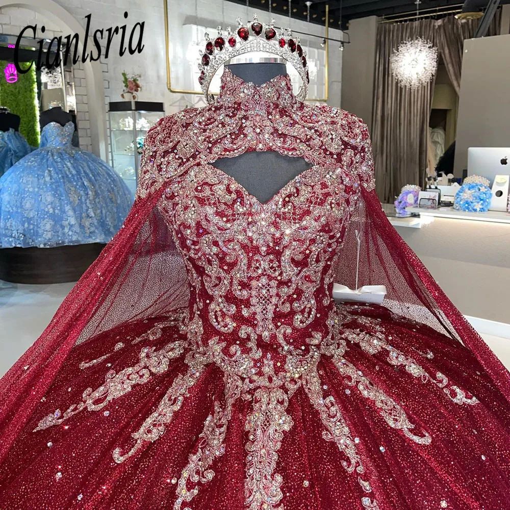 Red Quinceanera Dresses With Cape Ball Gown Sweetheart Lace Beading Party Princess Sweet 16 Dress Tulle Lace-Up Backless