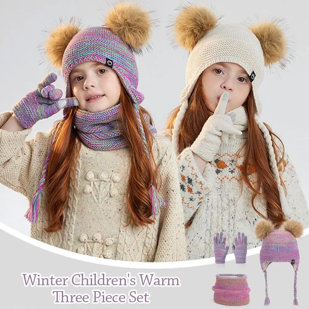 

Fashion Warm Winter Hat Scarf Gloves Set Windproof Thicken Pompom Knitted Hats Soft Beanies Hat Children's