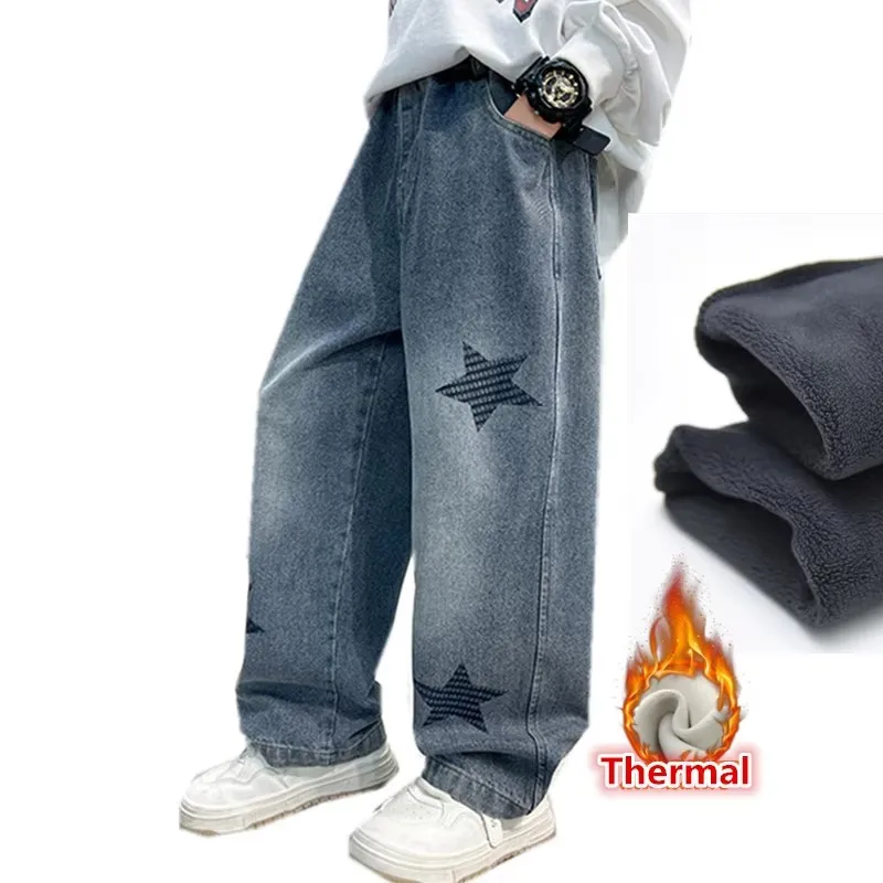 Korean Boy Fashion Fleece Jeans With Star Print Child Winter Warm Denim Pants Elastic Waist Thick Thermal Jeans Trousers 5-14 Y