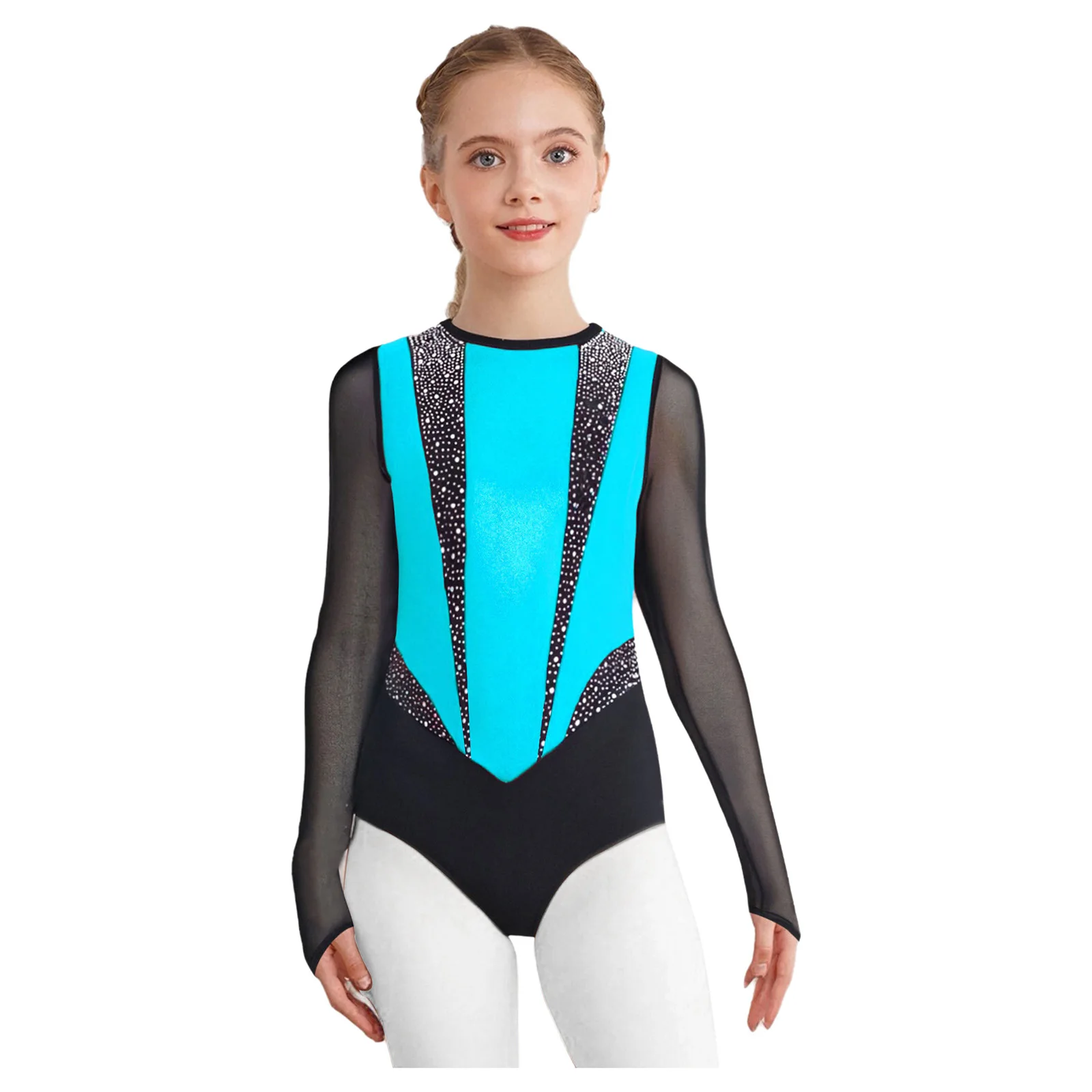 Long Sleeves Figure Ice Skating Dance Outfits for Girls Kids Rhinestones Ballet Jersey Rhythmic Gymnastics Performance Dancewear