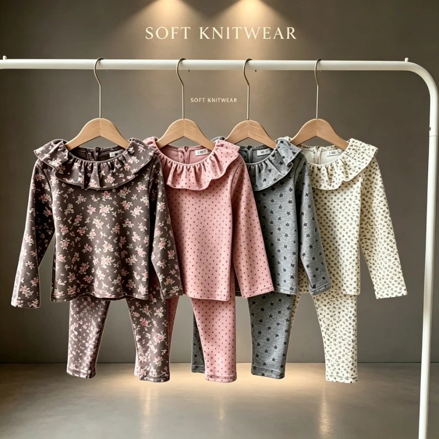 Girls Ruffle Collar Long Sleeve Set Floral Star Print Top Leggings Soft Cotton Loungewear Base Layer Autumn Winter Kids Outfits