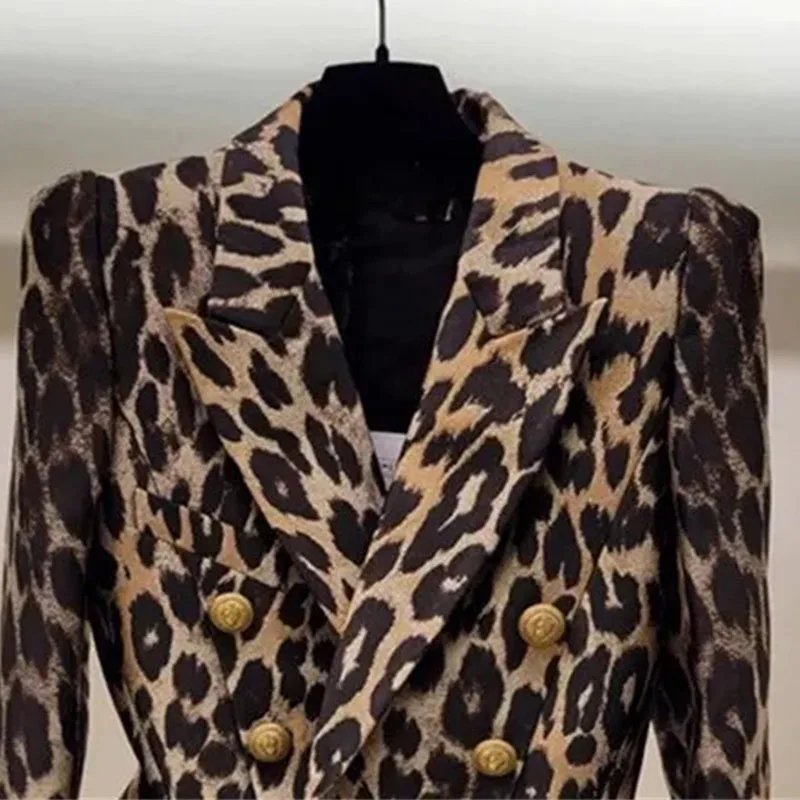 2024 Spring Autumn Blazer Vintage Leopard Print Suit Jacket Women Short Jackets Fashion Double-Breasted Coat Outwear Female