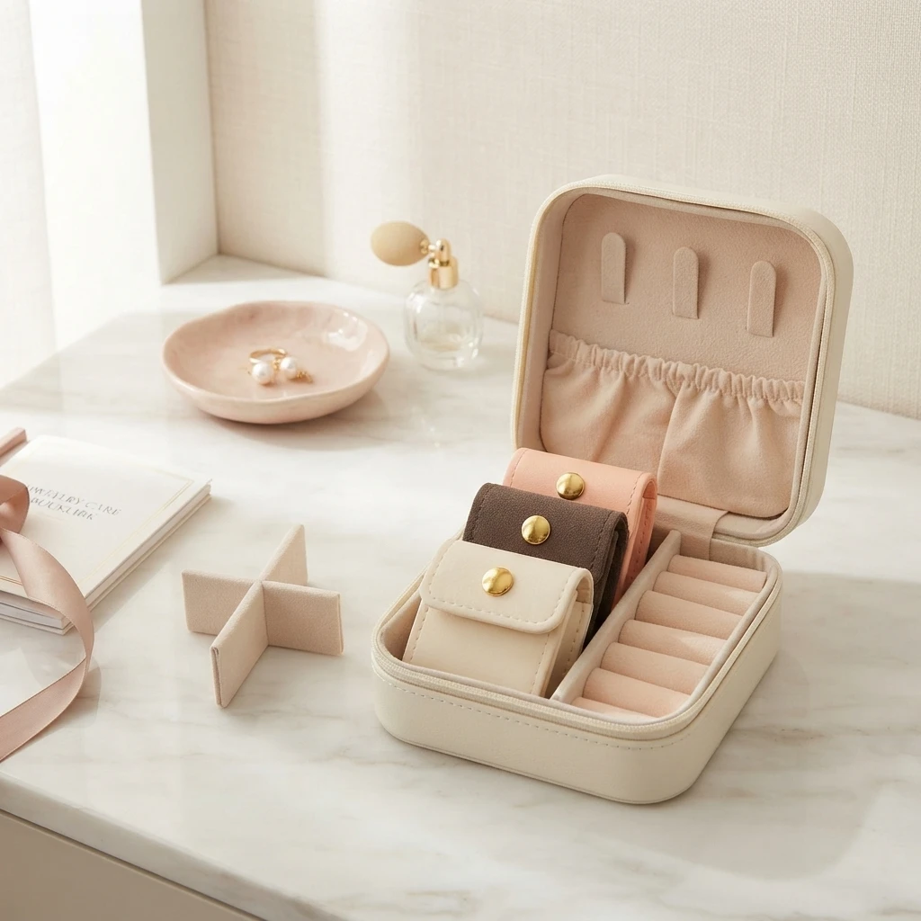 Microfiber Mini Compartment Portable Jewelry Box Travel Light Luxury Portable Small Jewelry Bag Earrings Jewelry Storage box