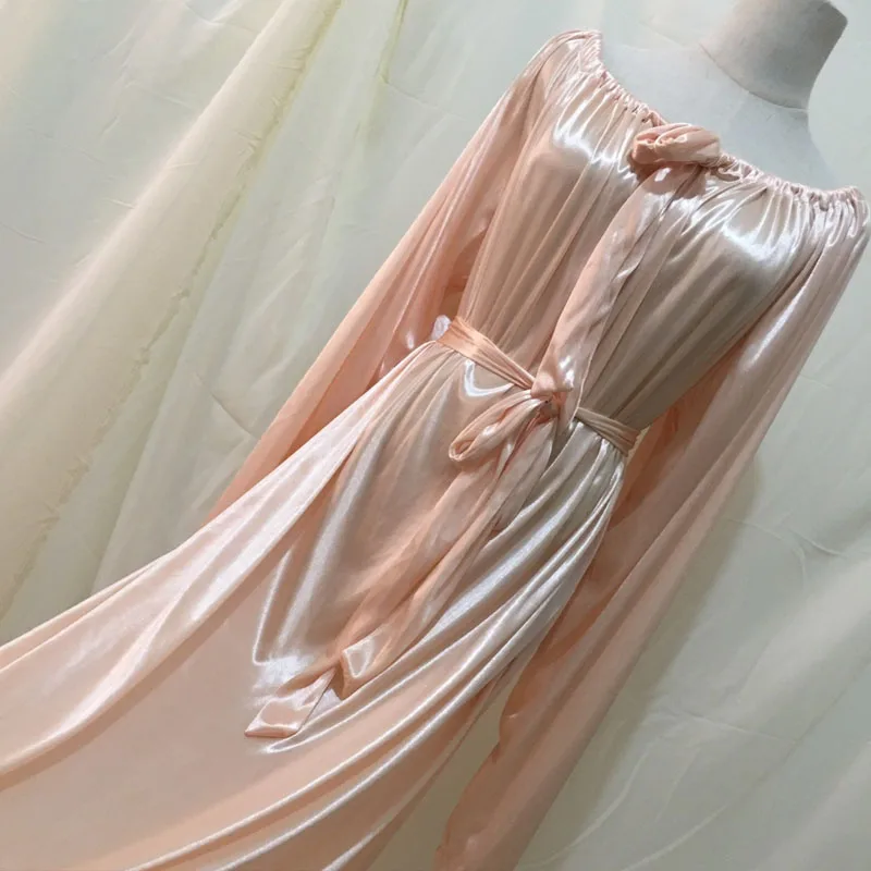 

Long Dress Men Women Sissy Pajamas Silky Touch Glossy Satin Belt Long Sleeve Pleated Loose Nightgown Dress Sleeping Robe