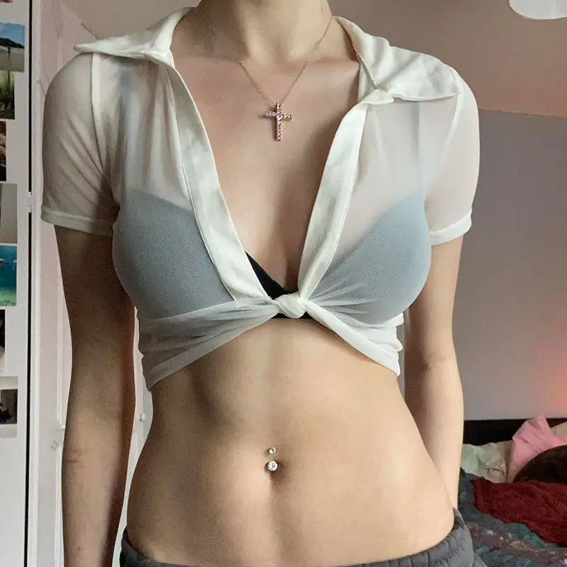 Casual V Neck Crop Top Short Sleeve T-Shirts Women Summer Y2K Single Button Tee Shirt Beach Vacation Female Cropped Tops Gift