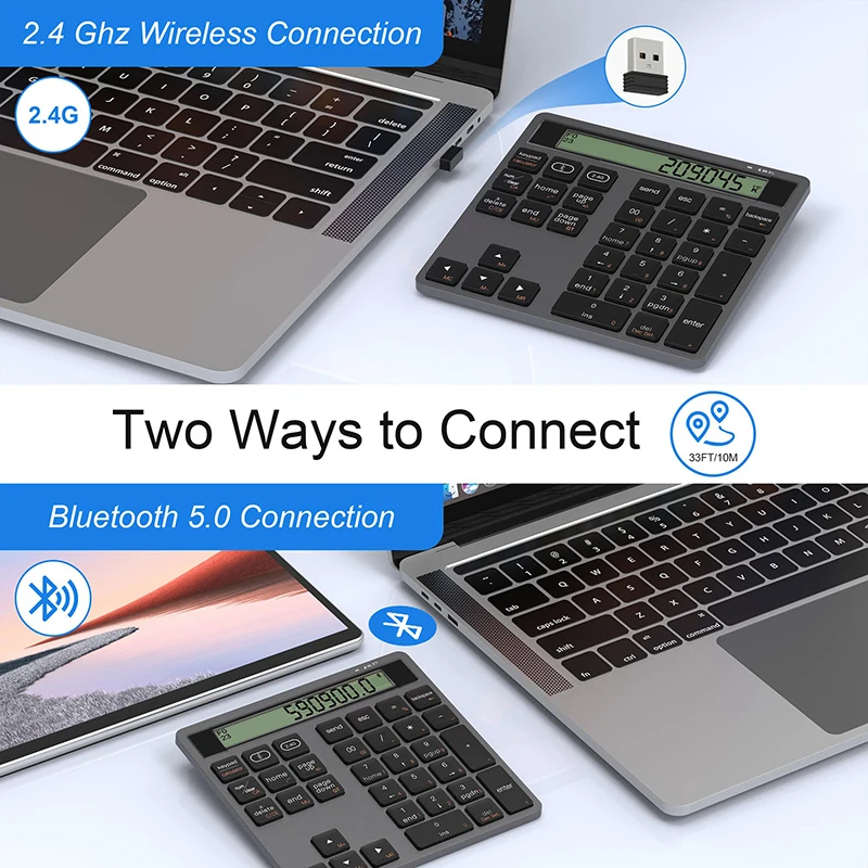 JOMAA USB Wireless Custom Numeric Keypad with Screen Display Silent Click 2 in 1 Calculator for Phone Tablet Laptop Accessory
