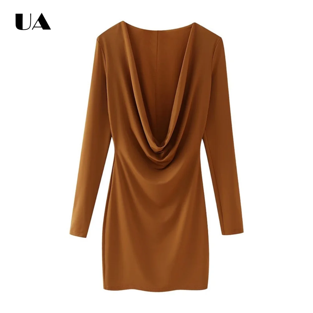 

Trendy Sheath Draped Mini Dress with Long Sleeves, Commuter Style Deep V-neck Short Dress for Woman, Fashionable Pullover Dress