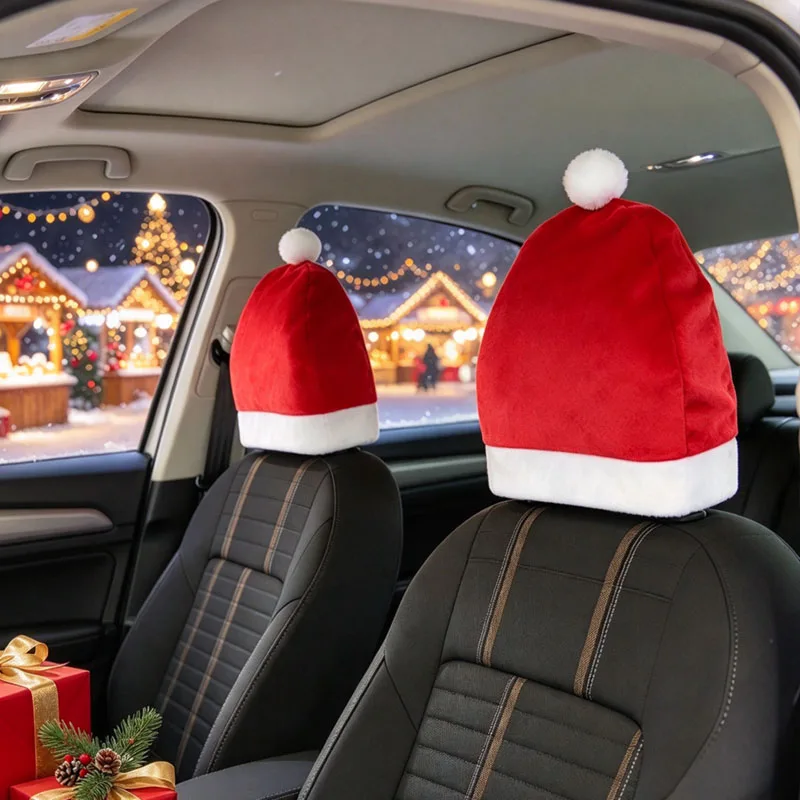 Santa Hat Car Seat Headrest Cover Christmas Accessory for Auto Interior Protection Festive Holiday Decoration and Ornaments Gift