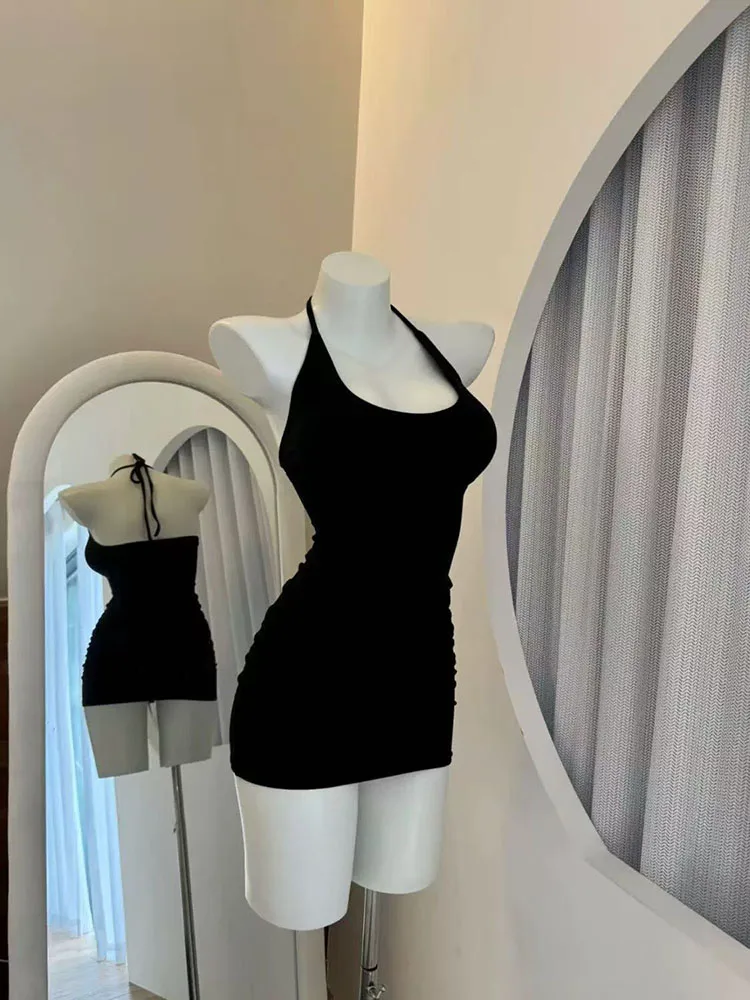 Sexy Backless Halter Neck Black Dress Women Summer Streetwear with Chest Pads Tight Dress Y2K Fashion Hot Girl Party Vestidos