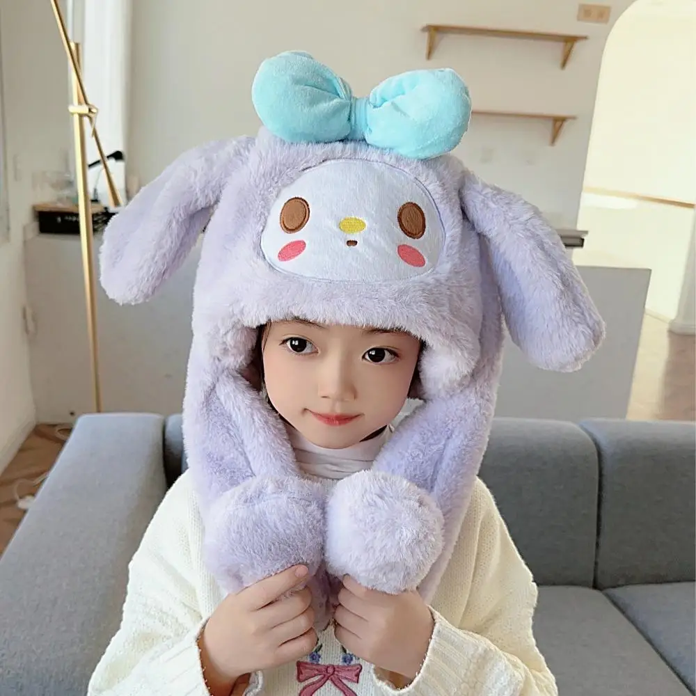 Kawaii Sanrio Cartoon Kids My Melody Cinnamoroll Plush Hat Scarf Ears Move Anime Winter Cute Sweet Child Warm Soft Thicken Hat