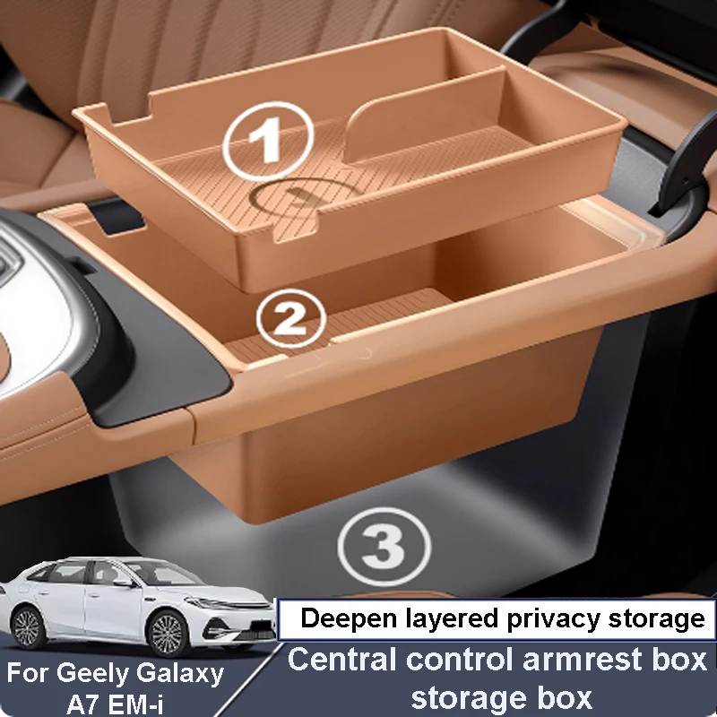 

Для Geely Galaxy A7 EM-i 2025-2026 автомобильный ящик для хранения центрального управления, подлокотник, утолщенный 3-слойный ящик для хранения аксессуаров для интерьера