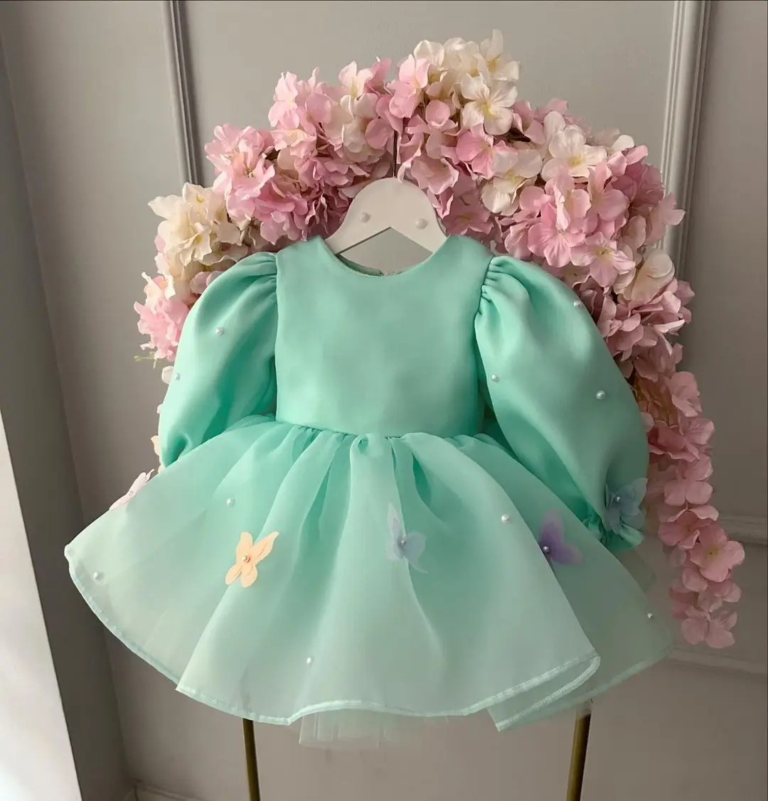 

Green Puffy Flower Girl Dress For Wedding Tulle Cute Elegant Applique Baby Princess Birthday Evening First Communion Gown