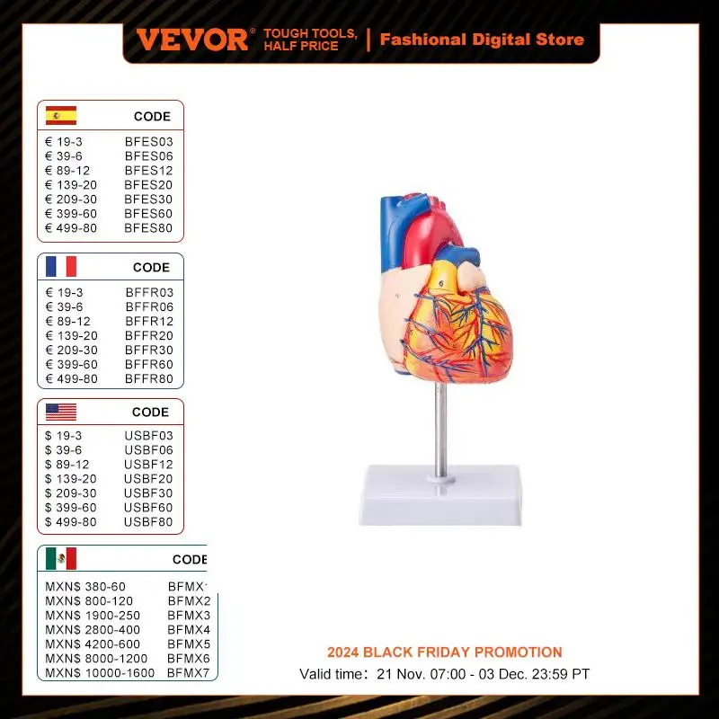 

VEVOR Human Heart Model 2-Part 1:1 Life Size with Anatomically Correct Structures Magnetic Design Held on Display Base for Learn