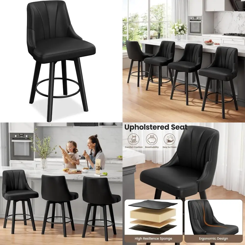 24 High Swivel Bar Stools with Upholstered PU Leather, Comfortable Kitchen Counter Height Chairs with Backrest and Solid Wood Le
