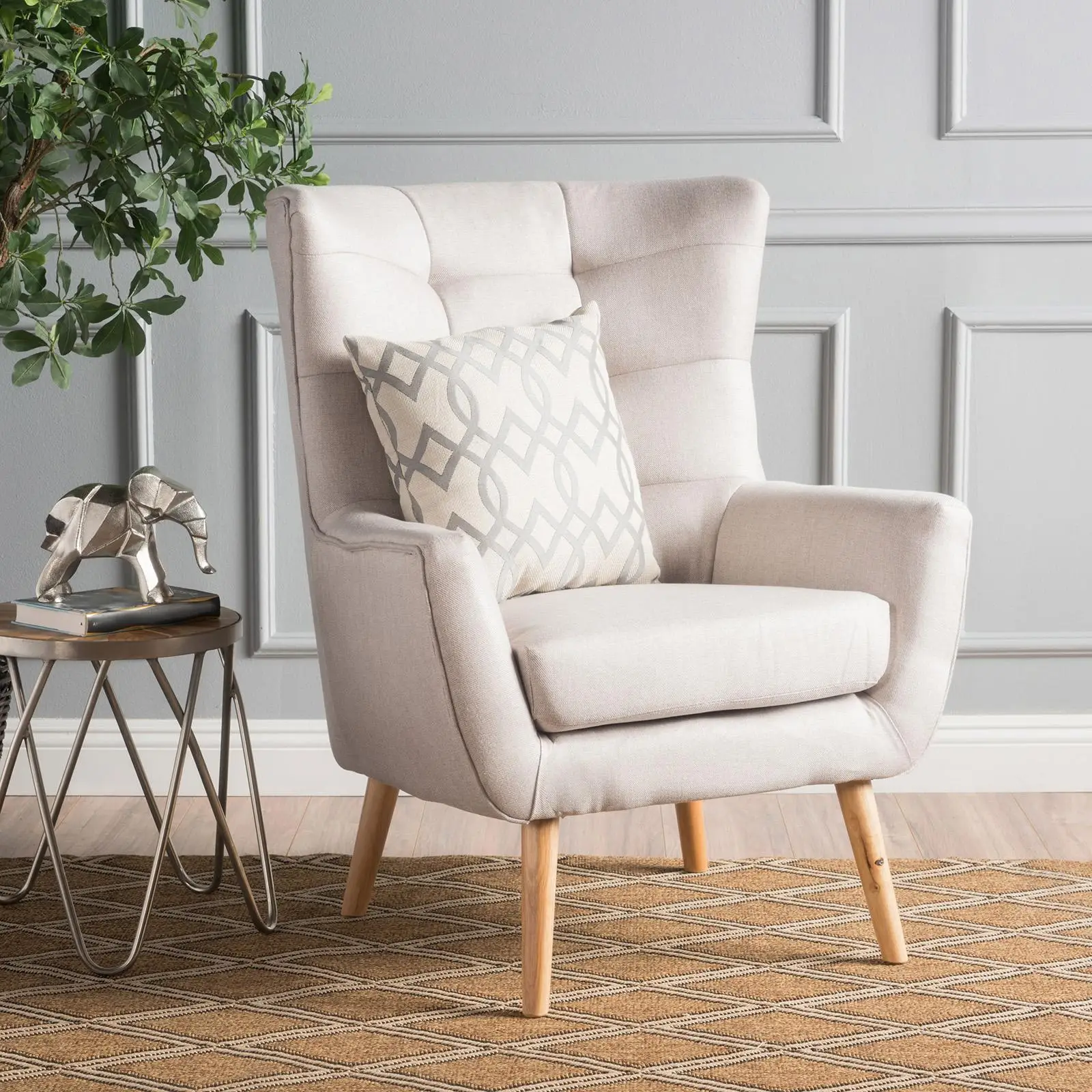 Modern Upholstered Armchair with Chic Wooden Base for Home Office or Living Room