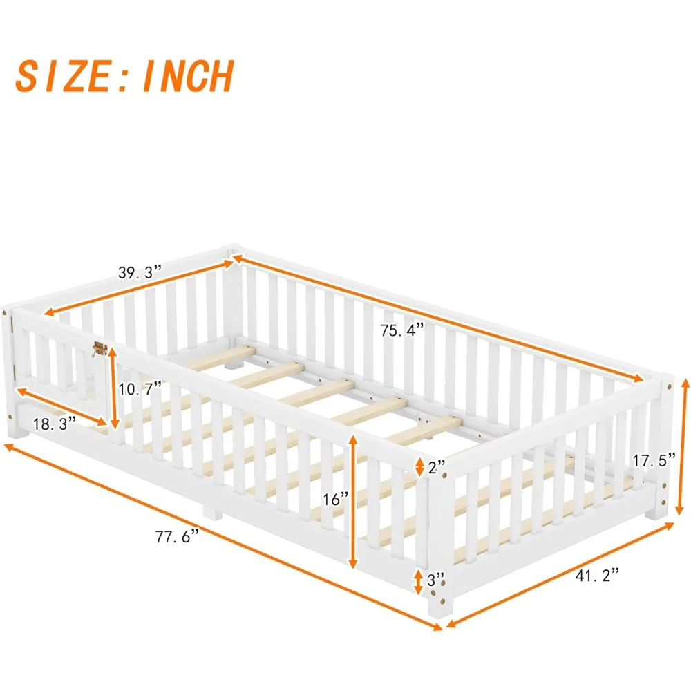 Twee Vloerbed Met Latten En Middensteunbar, Montessori Vloerbed Met Hek En Deur, Kinderen Montessori Bed Twin Size