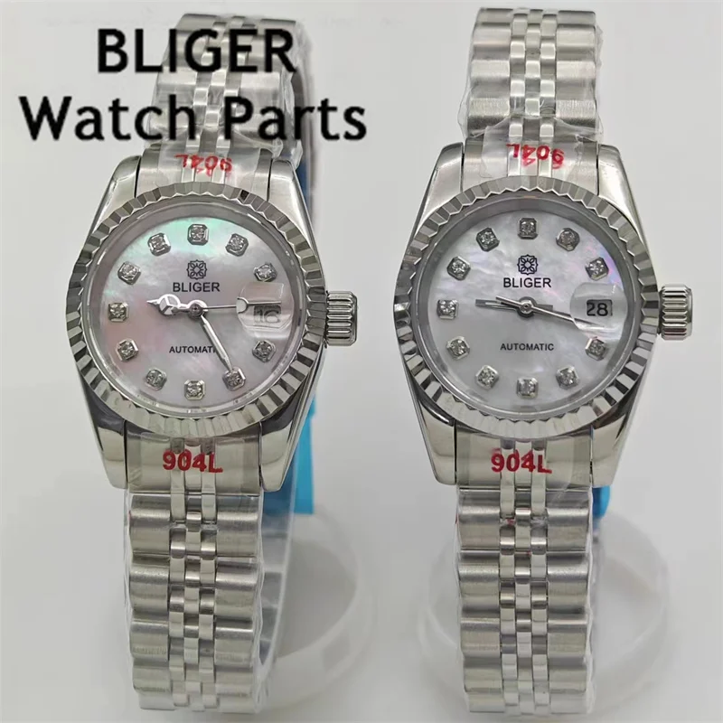 BLIGER 26mm Luxury Women\'s Watch Diamond Pink Mother Pearl Shell Dial Sapphire Glass NH05 automatic movement waterproof