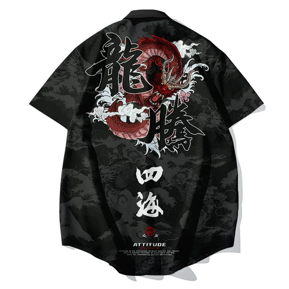 2024 Hawaiian Shirt Men\'s Harajuku Black Dragon Tiger Print Shirt Ethnic Fashion Oversized Shirt