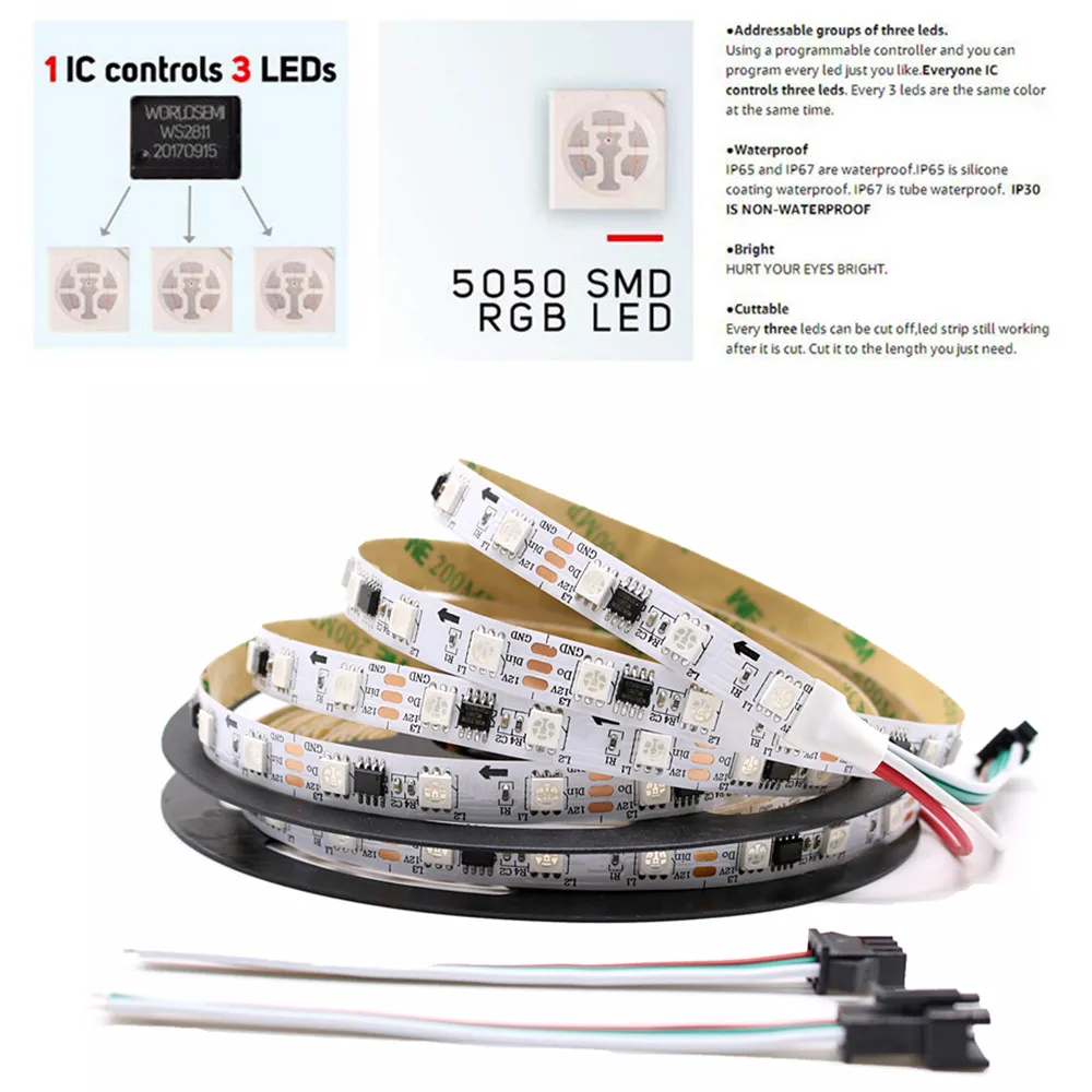 WS2811 5050 SMD RGB Strip light Addressable 30/60leds/m Led Pixels Programmable External 1 IC Control 3 Leds 12V 0.5-5m LED Tape