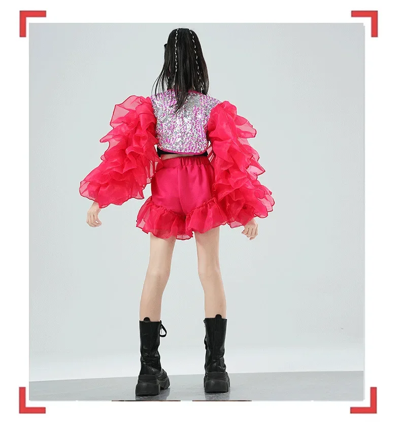 Mädchen Rosa Paillettenkleid mit Puffärmeln Jazz-Tanz Laufsteg-Show-Kostüm Trendiges Kinder-Auftritts-Outfit – Detail 16