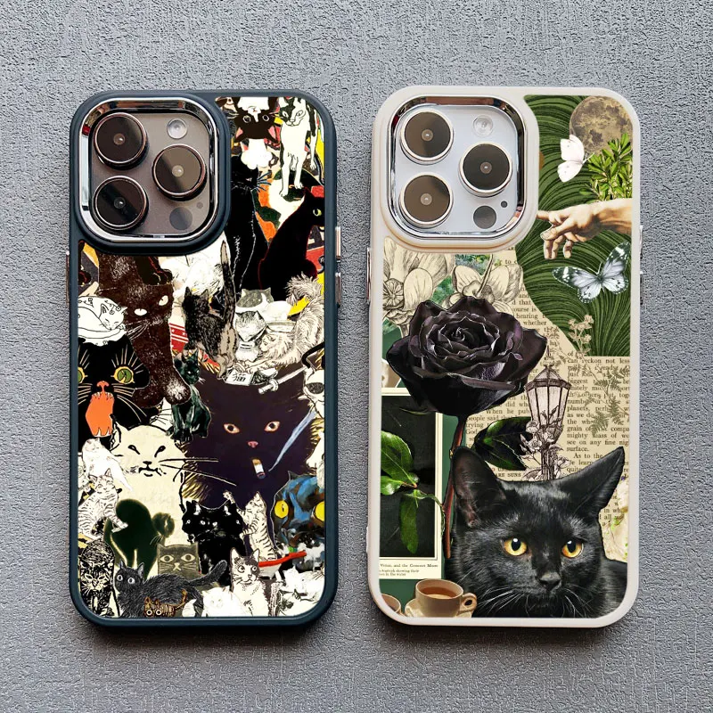 Creative Black Cat Illustration Silicone Case for iPhone 16 15 14 13 Pro Max Back Cover for 12 11 Pro Max X XS XR 7 8 Plus SE2