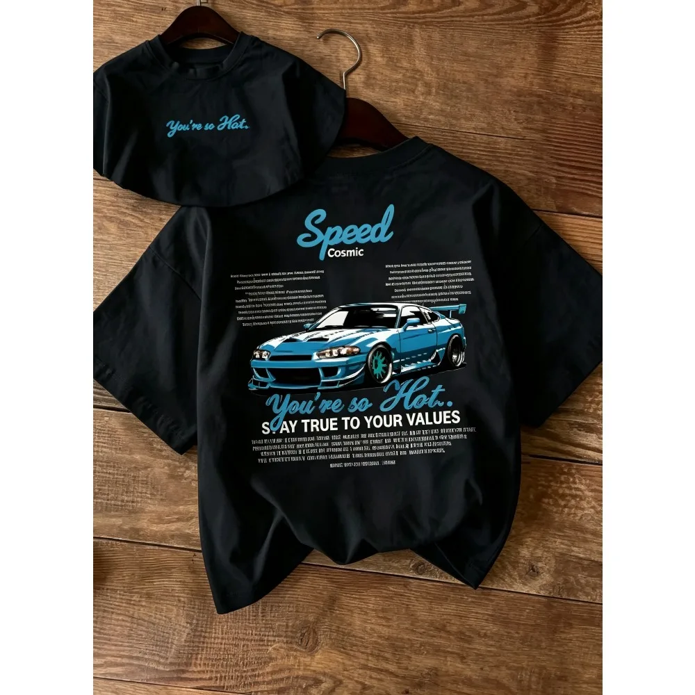 2026 New Unisex O-neck Short Sleeve T-shirt Front & Back Print,  Back Blue Modified Racing Car Speed Cosmic Letter