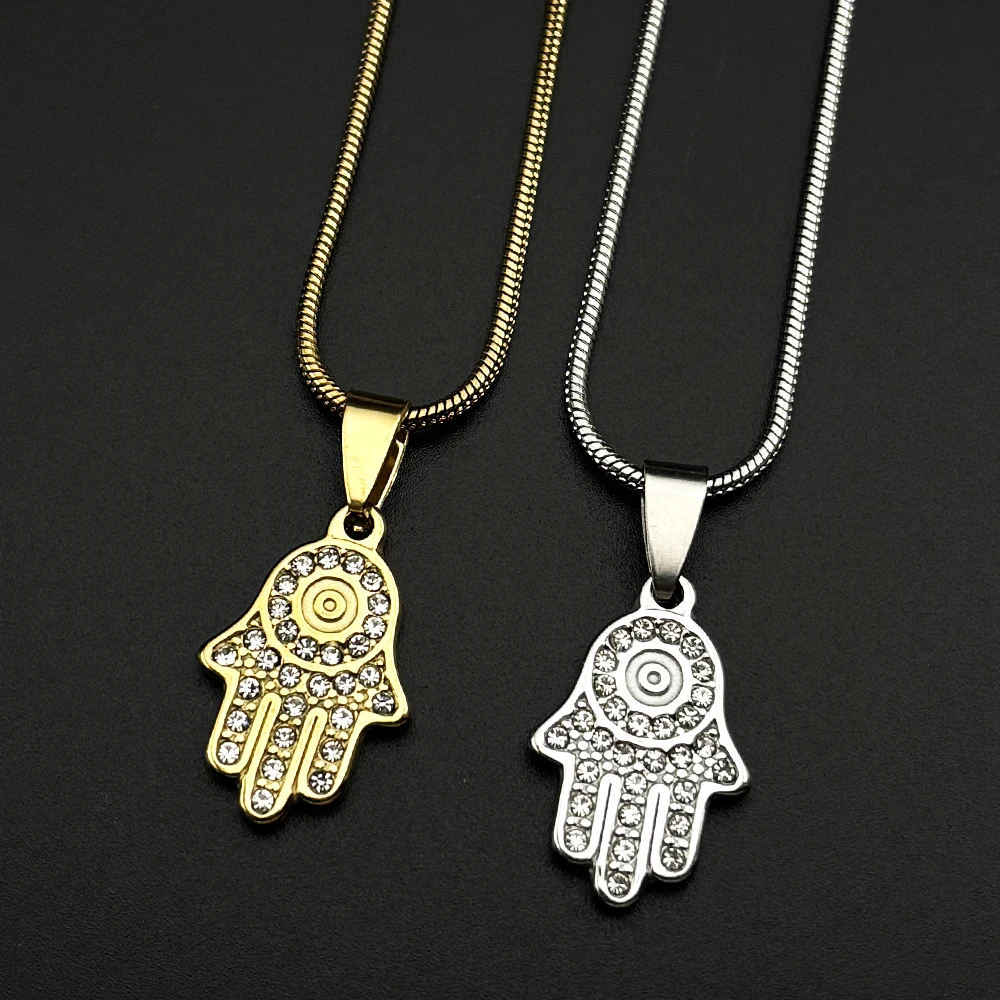 Evil Eye Fatima Hand Pendant Necklace For Women Girls Stainless Steel Gold Color Rhinestone Turkish Chain Jewelry Gifts Collar
