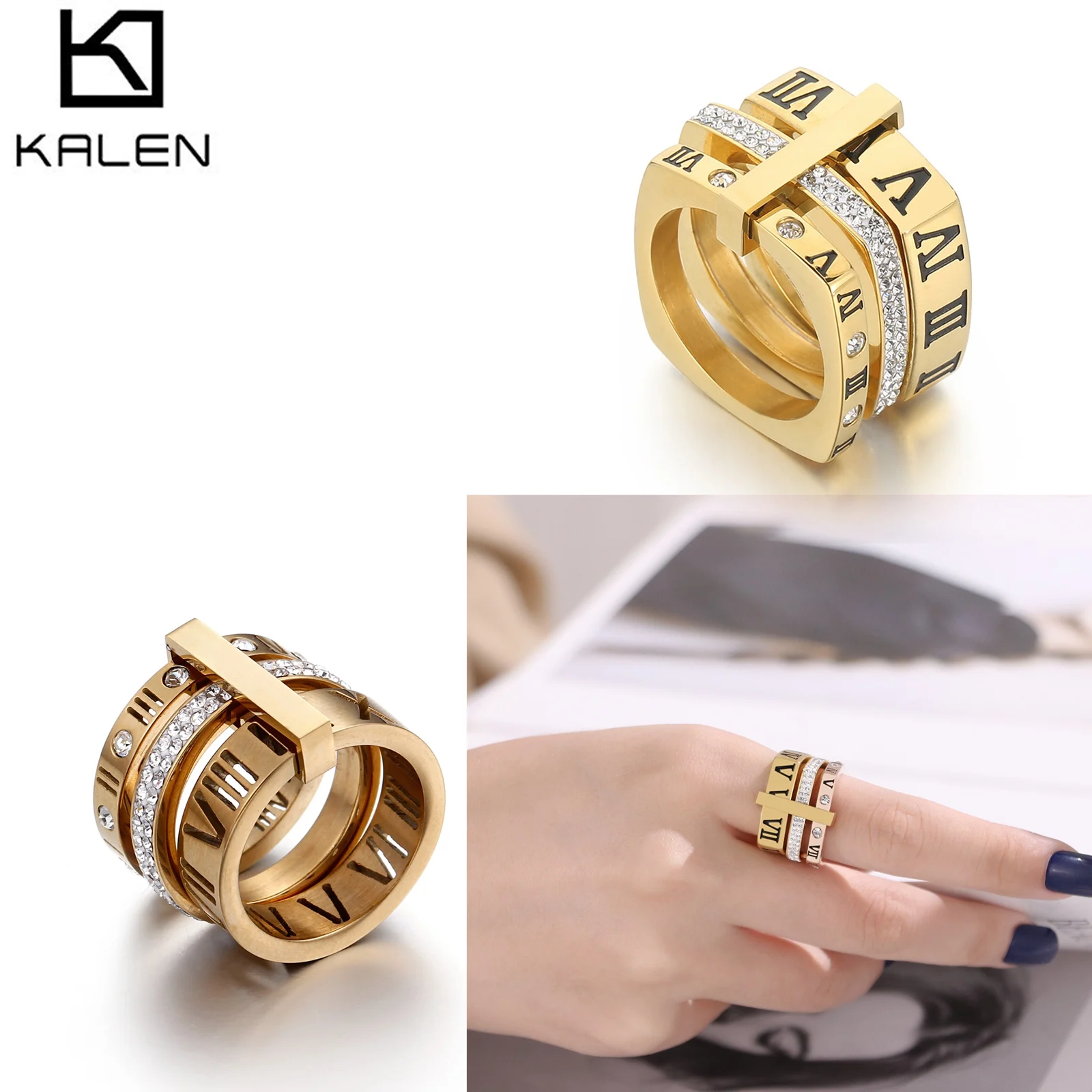 #5 - #11 3 in 1 Roman Numerals Rings Multiple Colors - Stainless Steel - KR103532-GC