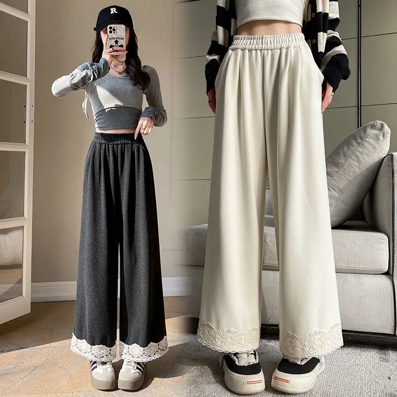 Lace Lace Spliced Wide-leg Pants for Women in Spring High Waist Loose Slim Straight Pants Small Nine-point Guard Pants